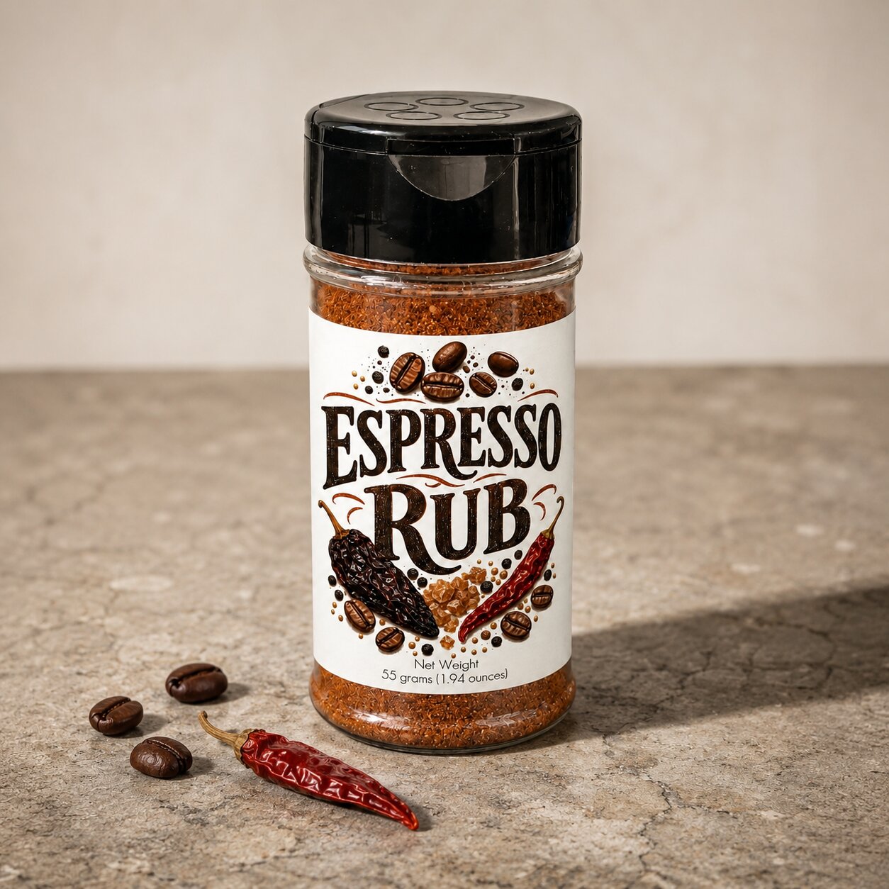 Bottle of Espresso Rub with spices on a stone surface, perfect for grilling and enhancing flavors.