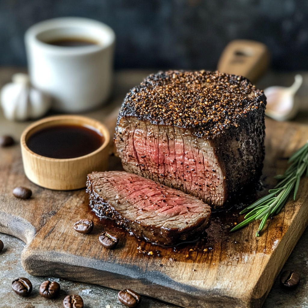 A thick-cut steak coated in espresso rub, perfectly seared and sliced to reveal a juicy pink center. Served on a rustic wooden board with scattered coffee beans, a sprig of rosemary, a wooden bowl of sauce, and a cup of black coffee in the background.