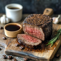 Thumbnail for A thick-cut steak coated in espresso rub, perfectly seared and sliced to reveal a juicy pink center. Served on a rustic wooden board with scattered coffee beans, a sprig of rosemary, a wooden bowl of sauce, and a cup of black coffee in the background.