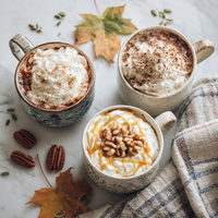 Thumbnail for Enjoy three cozy autumn lattes made with the Fall Into Fall Coffee Pod Sampler 🍁—12 pods, 3 delicious flavors like pumpkin spice—topped with whipped cream, cinnamon, caramel, and walnuts on a marble surface with fall decor.