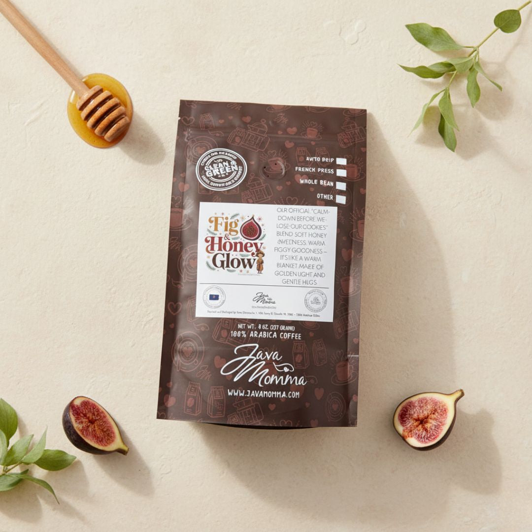 Java Mamma fig & honey glow coffee package with figs and honey dipper on a light background