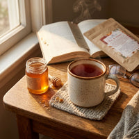 Thumbnail for Steaming mug of Fig & Honey herbal tea on a wooden side table with an open book, honey jar, honey dipper, and reading glasses in warm window light