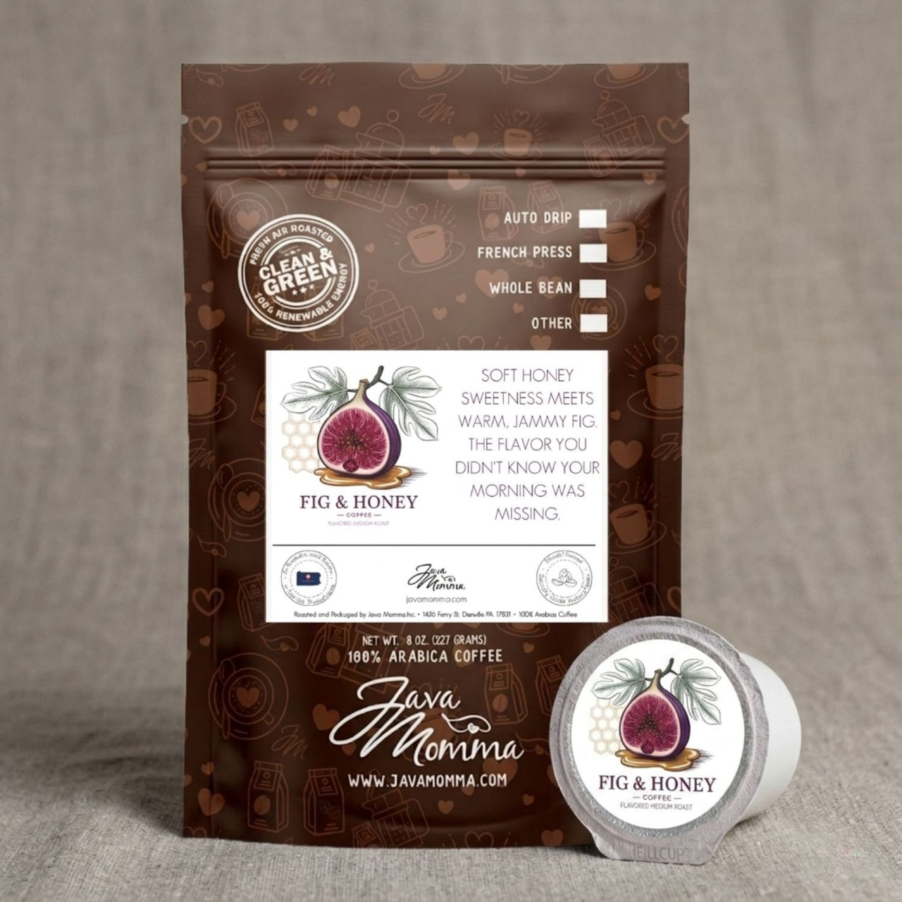Java Momma Fig & Honey Coffee 8 oz bag displayed with a branded single serve pod — flavored medium roast, 100% Arabica