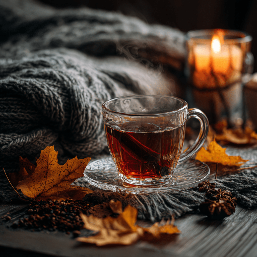 Steaming cup of fireside spell tea on a wooden table with autumn leaves and a candle in the background