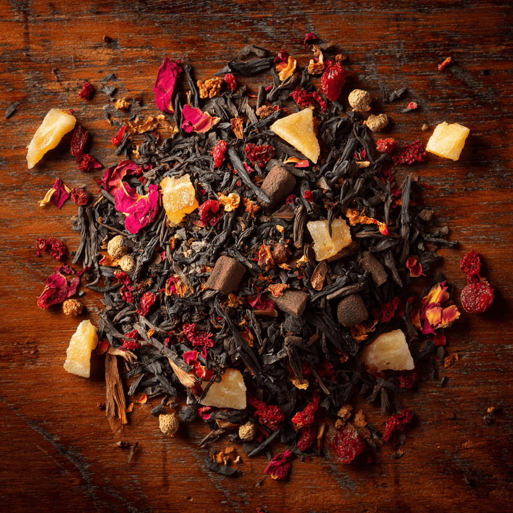 Assorted dried tea leaves with flowers and herbs on a wooden surface