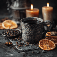Thumbnail for Dark mug with a hot fireside spell tea beverage on a dark surface with candles and spices
