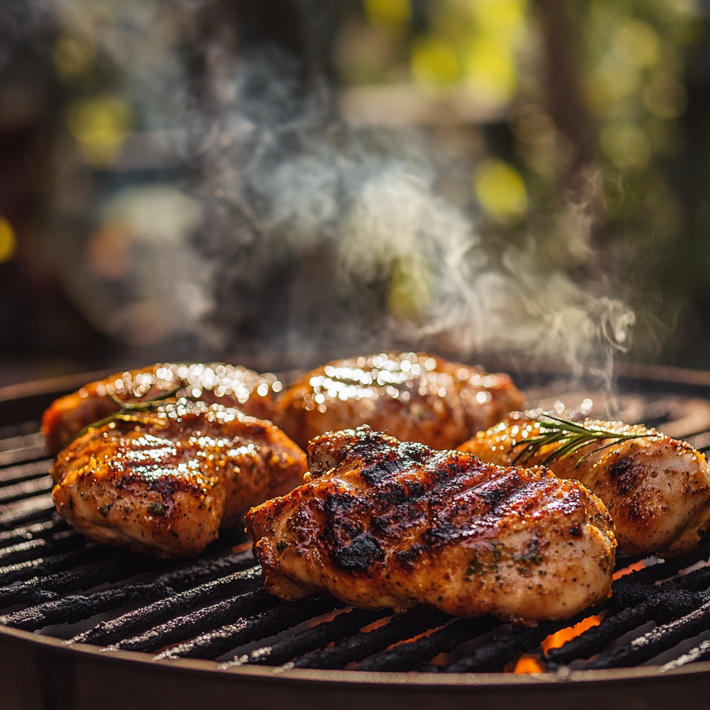 Juicy, golden-brown grilled chicken breasts sizzling on a charcoal grill, seasoned and garnished with rosemary.