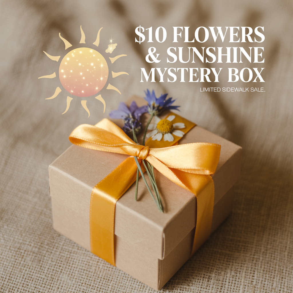 A brown surprise box with yellow ribbon and flowers sits by the text: 🌼 $10 Flowers & Sunshine Mystery Box. Limited sidewalk sale. A stylized sun appears in the top left corner.