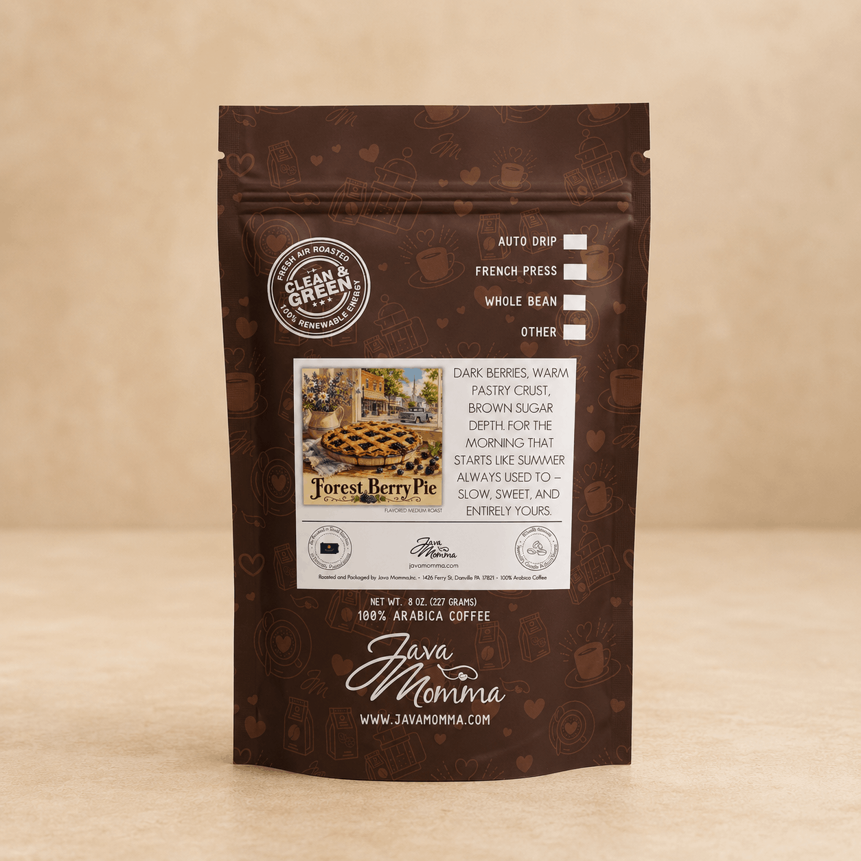 Java Momma Forest Berry Pie coffee package with a pie illustration on a beige background