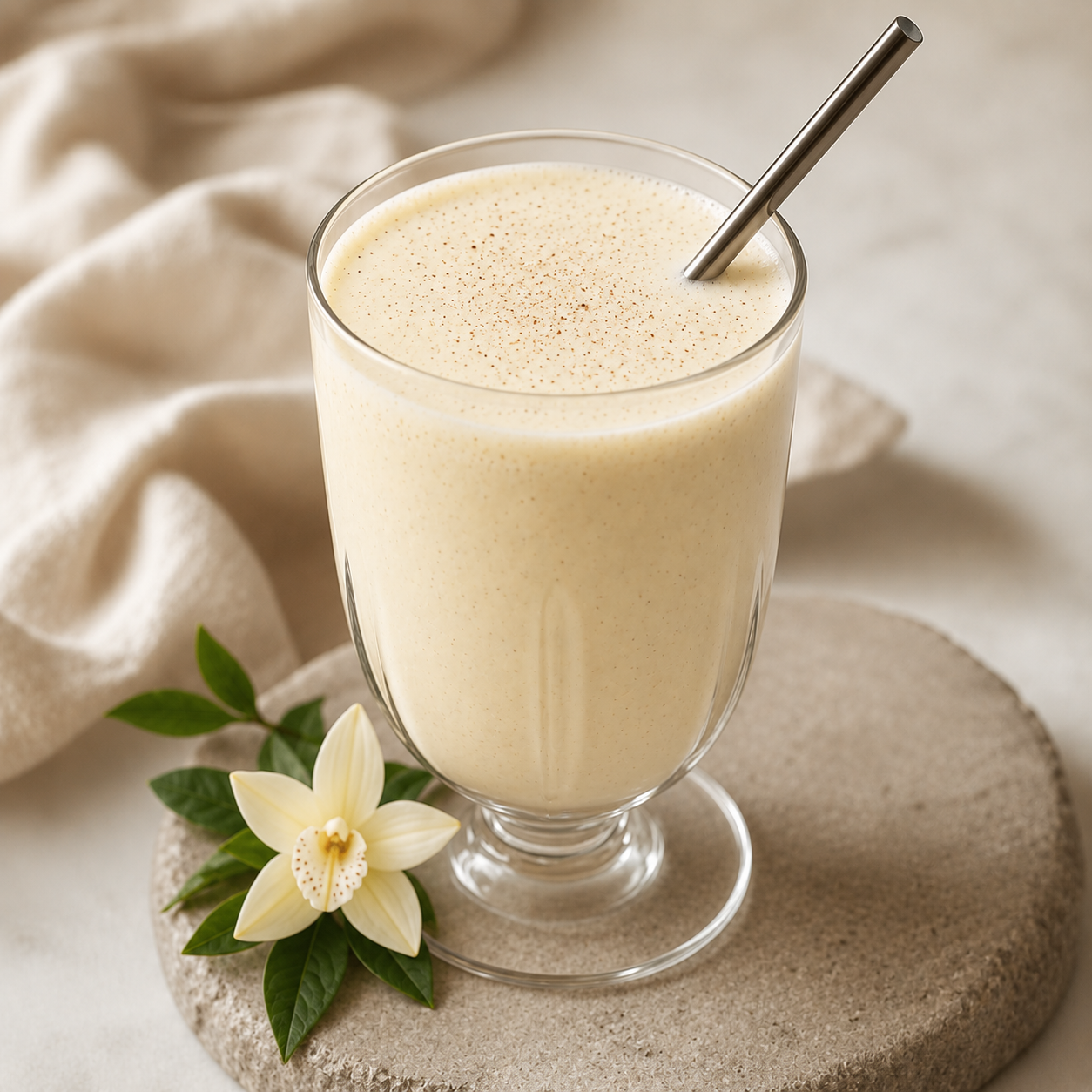 A frothy french vanilla latte
 in a clear glass with a metal straw, styled on a round stone coaster with a small white flower and green leaves, against a soft neutral fabric background.