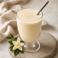 Thumbnail for A frothy french vanilla latte
 in a clear glass with a metal straw, styled on a round stone coaster with a small white flower and green leaves, against a soft neutral fabric background.