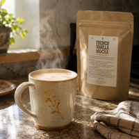 Thumbnail for A steaming mug of French Vanilla Mocha coffee sits on a kitchen counter next to a kraft paper pouch of the same coffee. The mug is cream-colored with a gold botanical design, and the background features a warm, softly blurred kitchen setting with natural light.