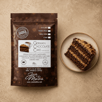 Thumbnail for Coffee package labeled 'German Chocolate Cake' next to a slice of chocolate cake on a plate.