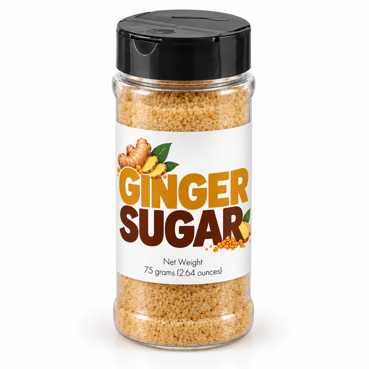 Ginger Sugar Sprinkle in a clear jar highlighting organic turbinado sugar and real ginger for finishing desserts and drinks.