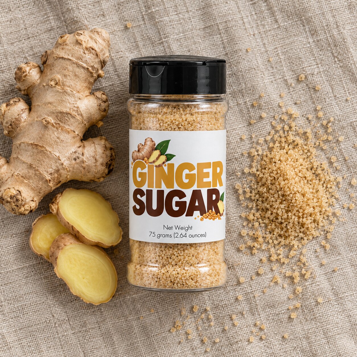 Ginger Sugar Sprinkle jar with ginger roots and coarse sugar crystals on a linen background.