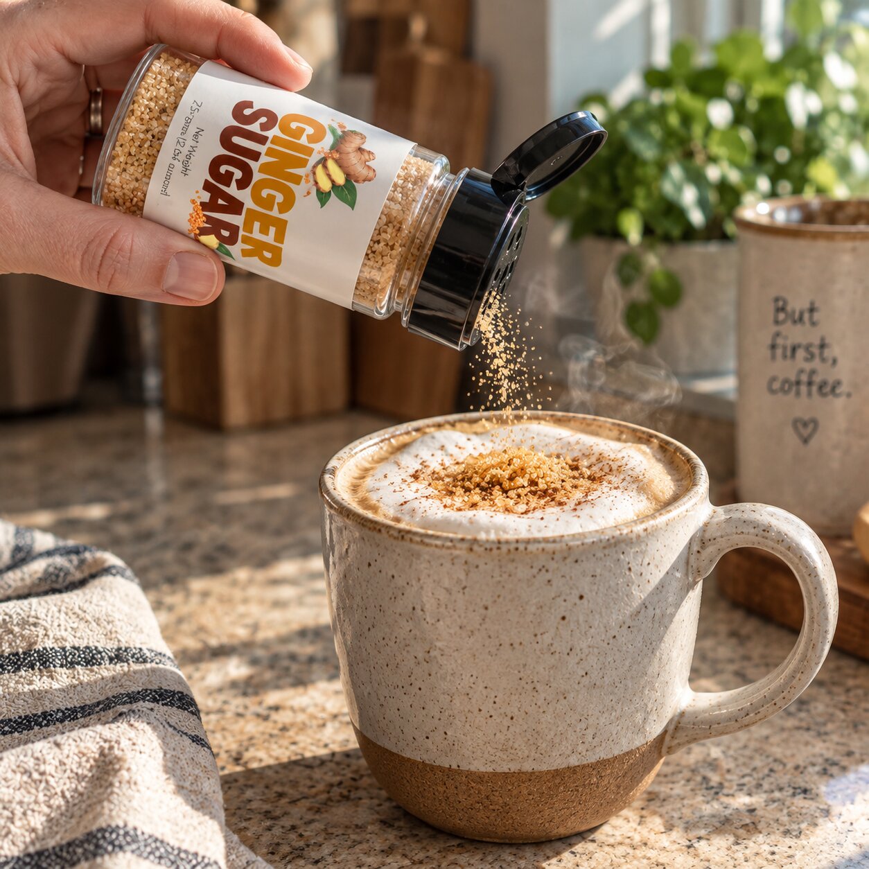 Hand sprinkling Ginger Sugar Sprinkle over a frothy coffee in a cozy kitchen.