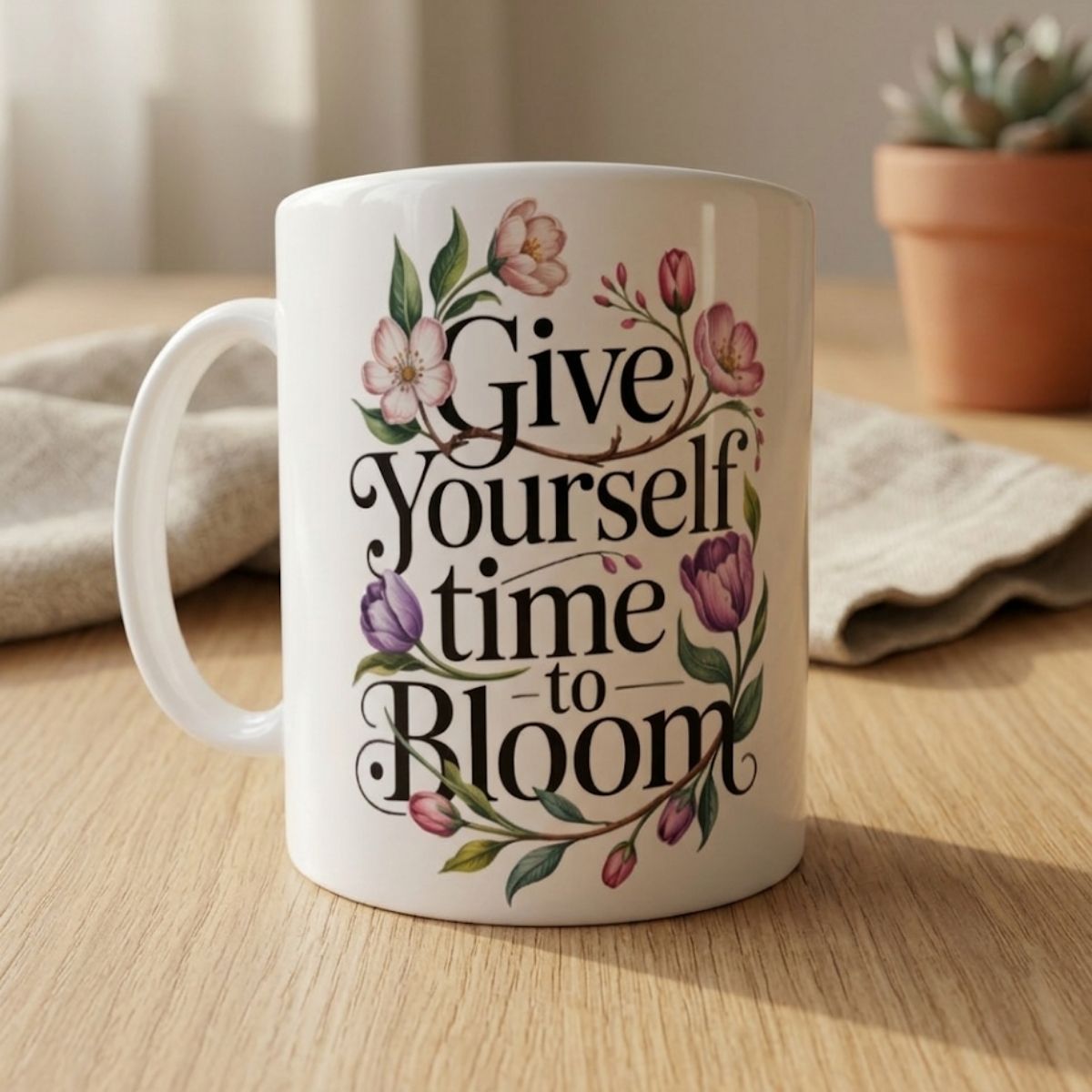 White mug with floral design and 'Give yourself time to Bloom' text on a wooden surface.