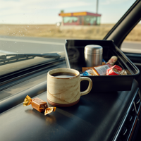 Thumbnail for The 🍬 Glovebox Confidential – Caramel & Brandy Flavored Coffee sits on a car dashboard next to a caramel, with snacks and a thermos nearby. Through the windshield, a rural diner can be seen outside.