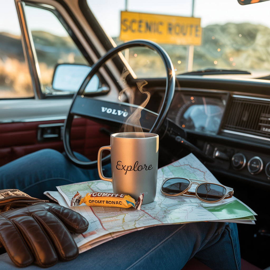 A person relaxes in a Volvo parked by a Scenic Route sign, enjoying 🍬 Glovebox Confidential – Caramel & Brandy Flavored Coffee from a steaming mug, with map, gloves, sunglasses, and snack bar—sunlight hinting at a road trip adventure.