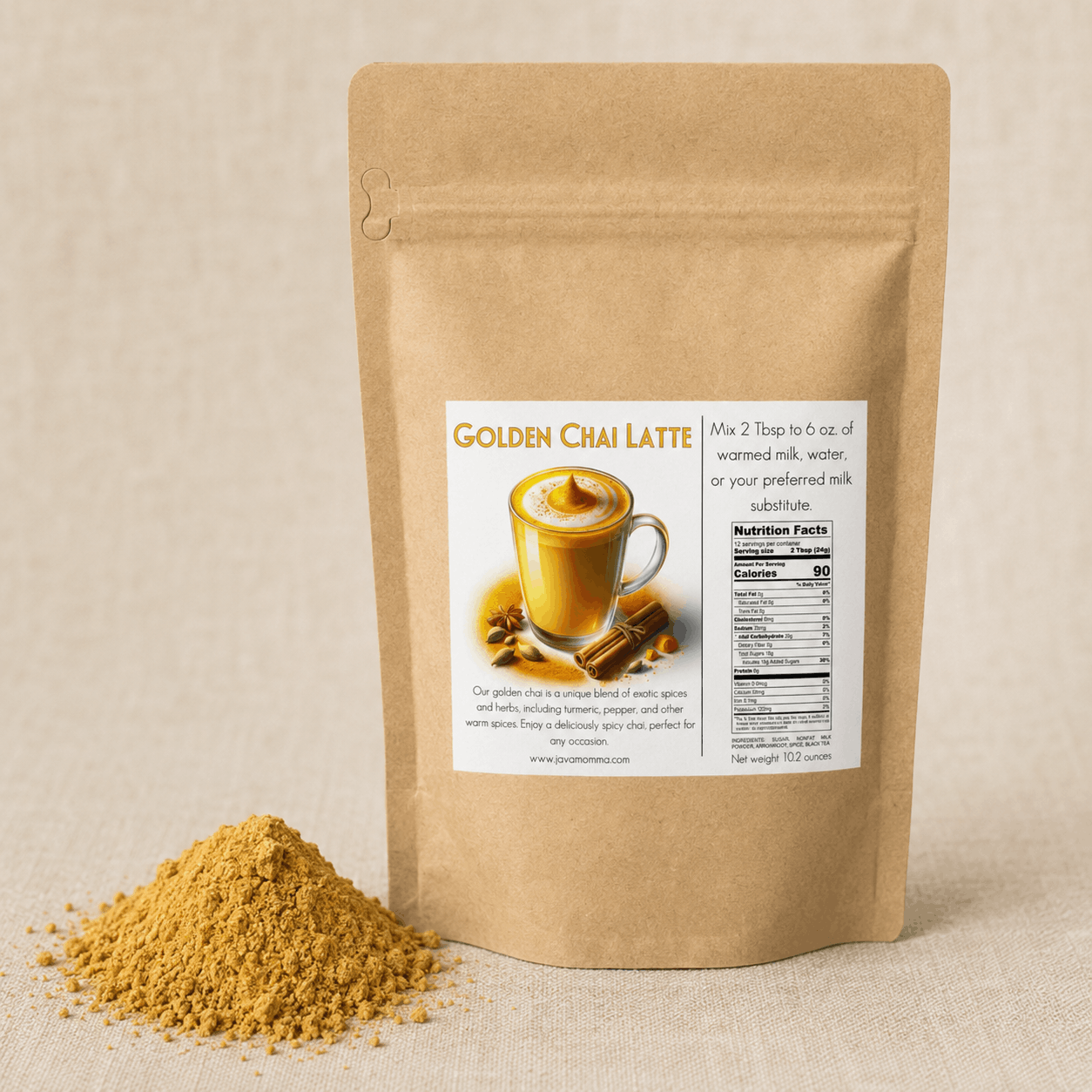 A stand-up kraft paper pouch labeled Golden Chai Latte stands on a beige fabric surface with a small pile of the loose yellow-brown spice mix in front. The front label shows a cup of latte, spices, and nutrition facts.