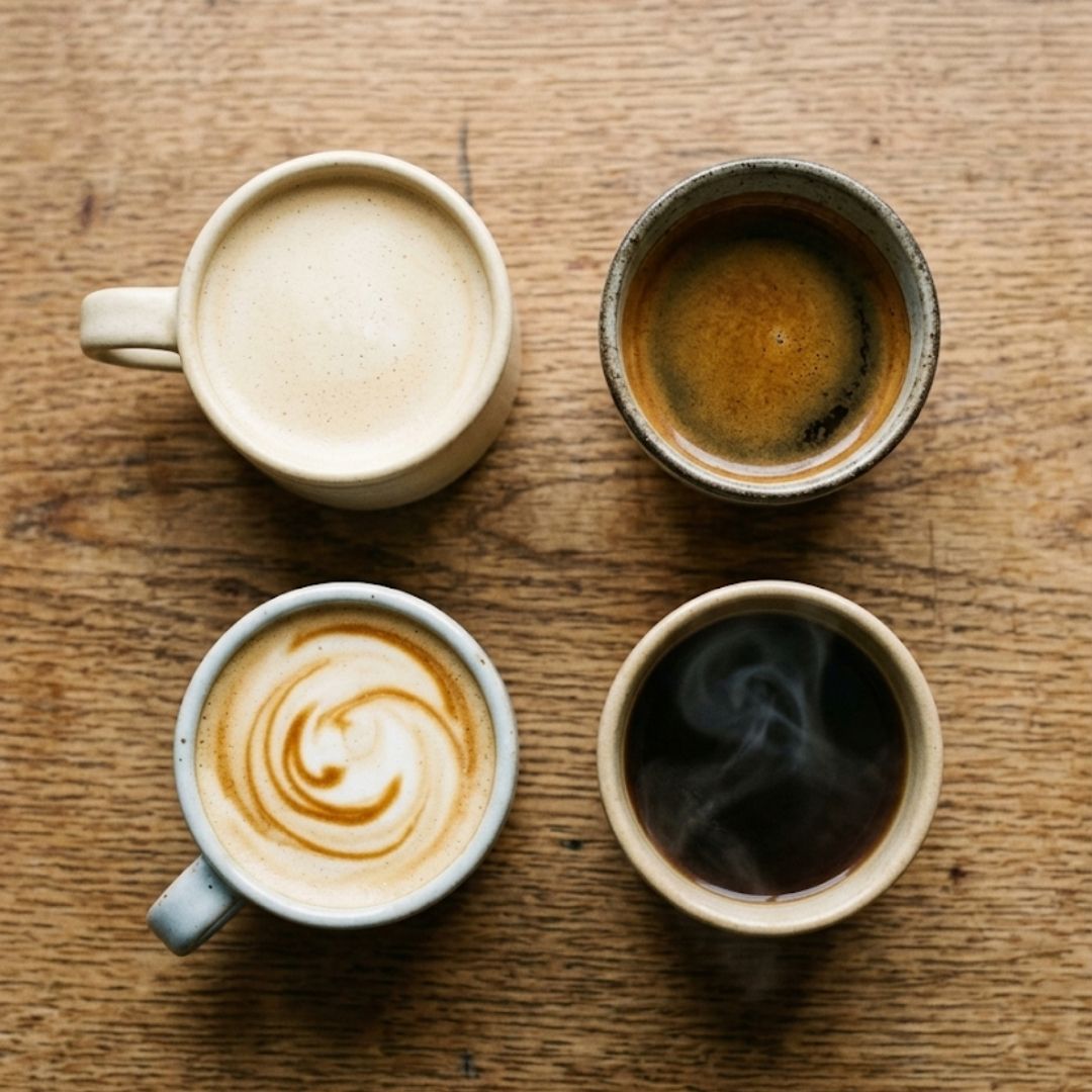 overhead image of four coffee mugs with different coffee variations