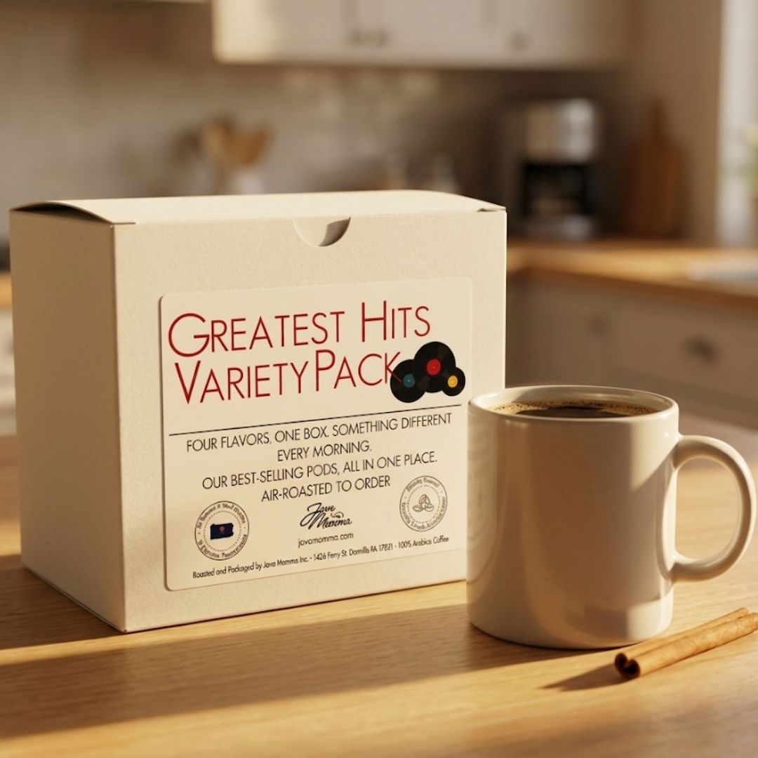 Coffee box labeled 'Greatest Hits Variety Pack' next to a cup of coffee on a wooden surface.