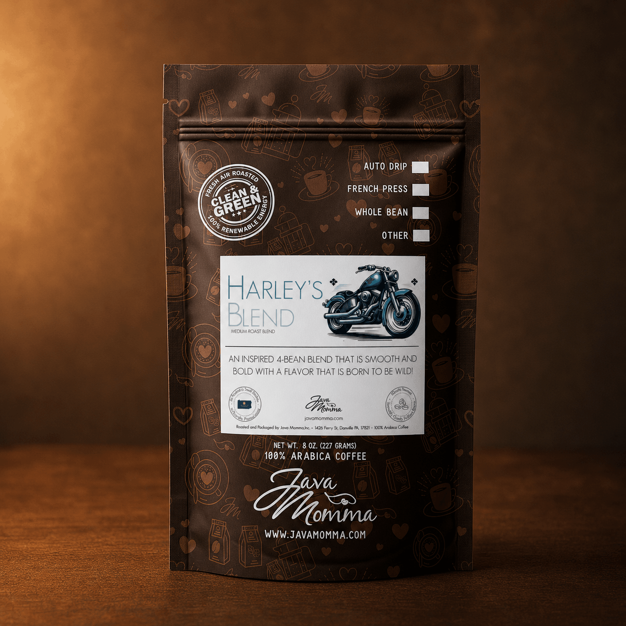 Java Momma Harley's Blend coffee bag on a dark wood surface