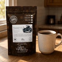 Thumbnail for Harley's Blend coffee bag next to a ceramic mug in warm morning light