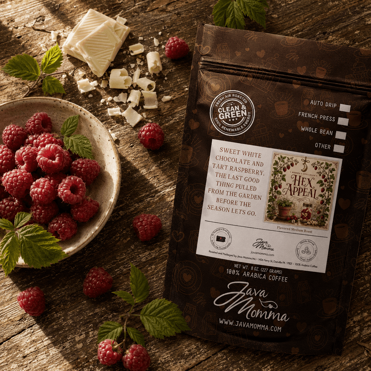 Hex Appeal Flavored Coffee bag with sweet white chocolate and tart raspberry on rustic wood background.