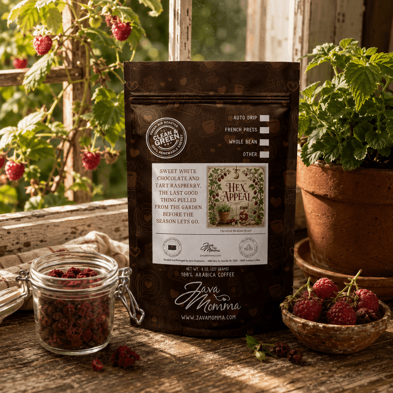 Hex Appeal Flavored Coffee bag showcasing sweet white chocolate and tart raspberry flavors in a charming setting.