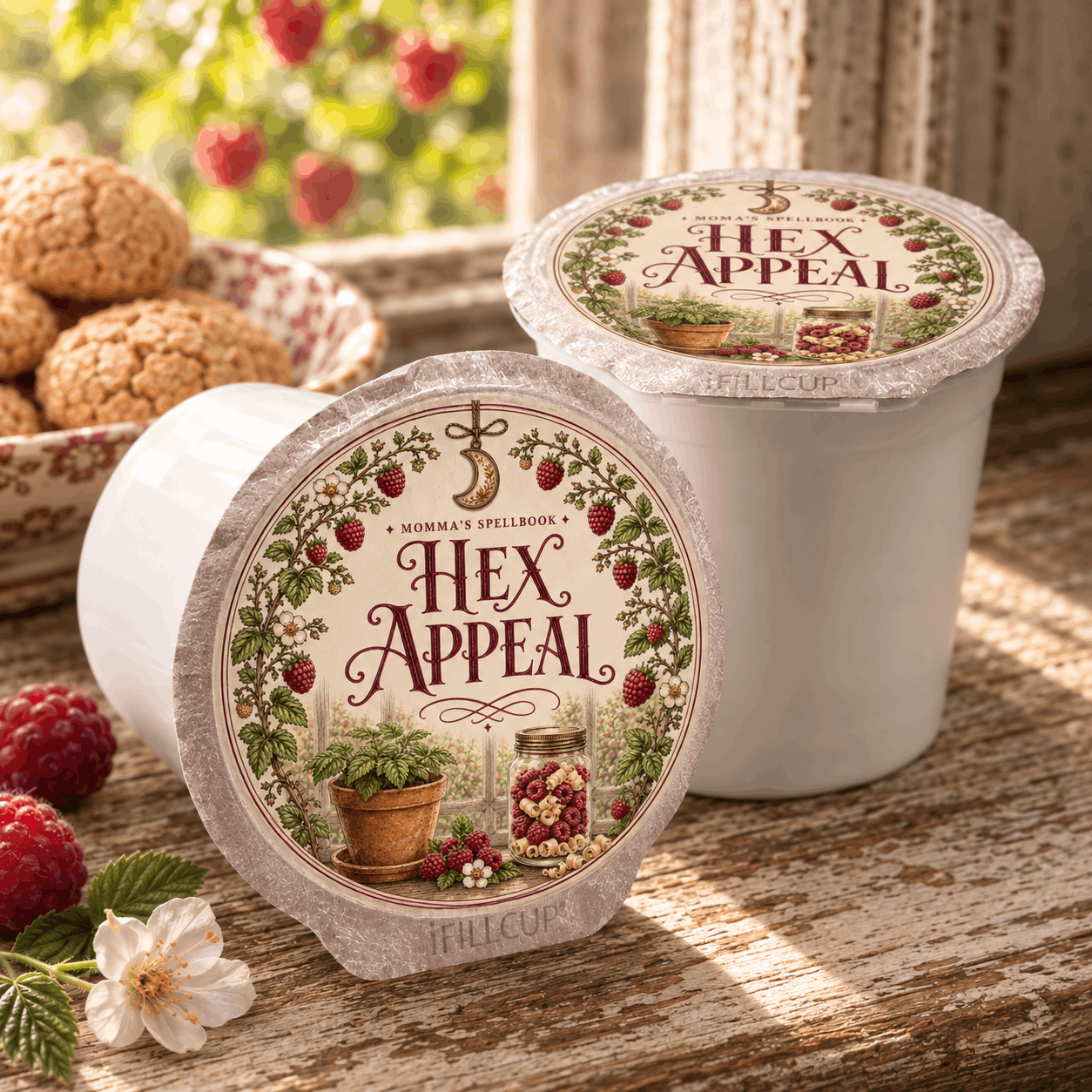 Hex Appeal Flavored Coffee packaging with garden elements and raspberries, charming design from Momma's Spellbook.