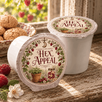 Thumbnail for Hex Appeal Flavored Coffee packaging with garden elements and raspberries, charming design from Momma's Spellbook.