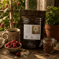 Thumbnail for Hex Appeal Flavored Coffee bag with sweet white chocolate, tart raspberry, and a cozy coffee setting.