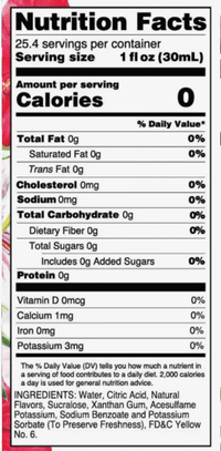 Thumbnail for Nutrition Facts label for Hibiscus Passion Fruit Skinny Syrup shows 0 calories, fat, cholesterol, sodium, carbs, sugars, and protein per 1 fl oz. Ingredients and vitamins have 0% daily value. Contains artificial sweeteners and preservatives.