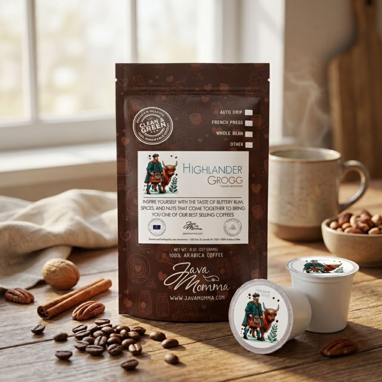 Highlander Grogg coffee package with coffee beans and a coffee pods on a wooden table.