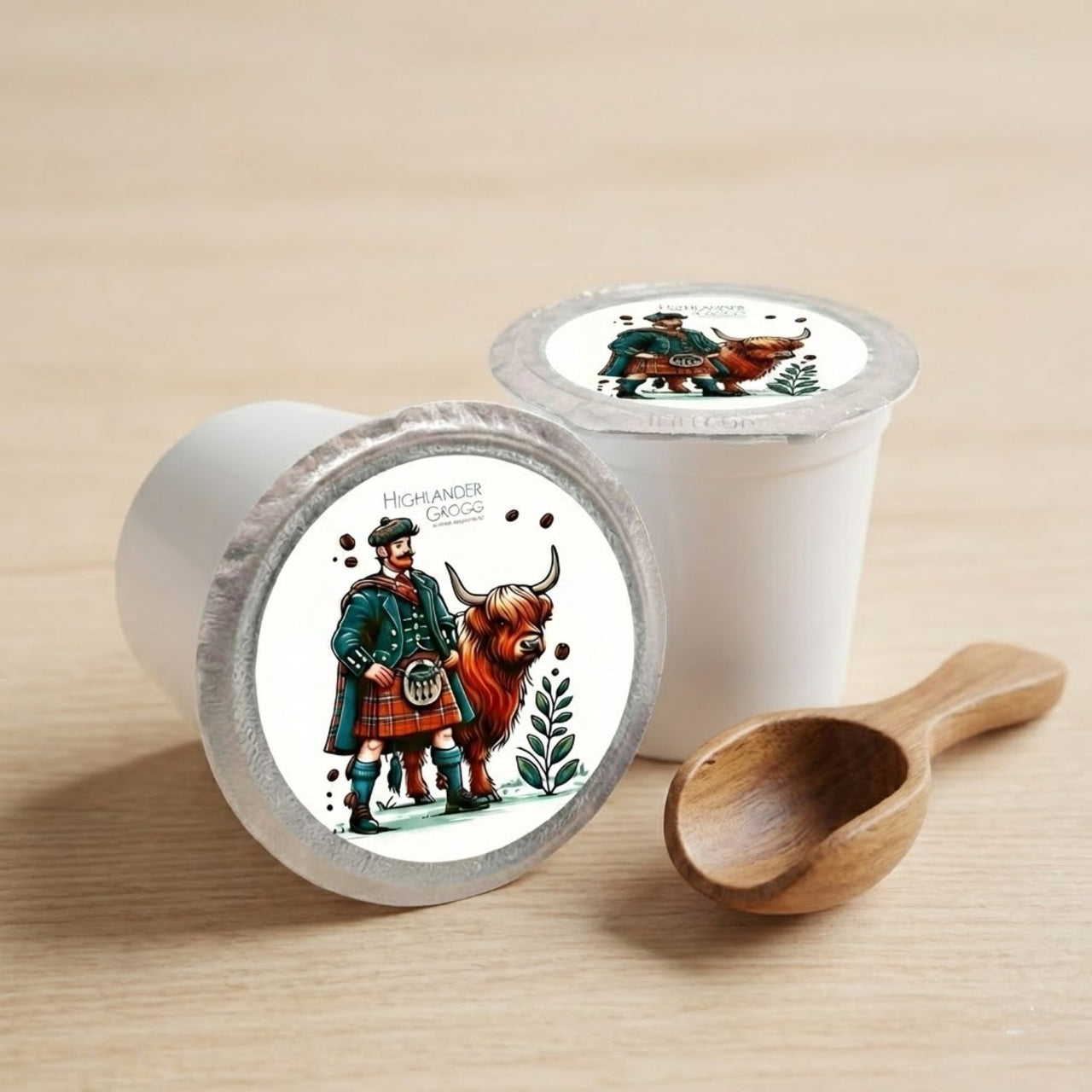 Two Highlandder Grogg coffee pods with Scottish-themed illustrations and a wooden scoop on a beige background