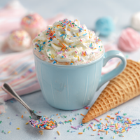 Thumbnail for A light blue mug topped with whipped cream and rainbow sprinkles sits on a table with a waffle cone and pastel treats—perfect for sipping the limited edition 🍦 Sprinkle Sundae Cone coffee, featuring creamy vanilla cone vibes and a sprinkle finish.