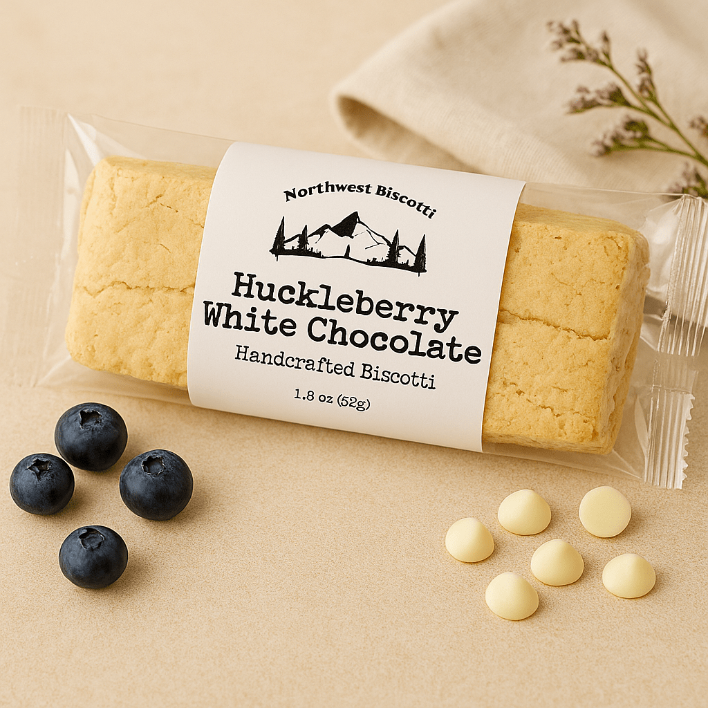 A Huckleberry White Chocolate Biscotti – Sweet, Tart & Soft-Bite Perfect rests on a beige surface, surrounded by fresh blueberries, white chocolate chips, and a floral sprig for an artful touch.
