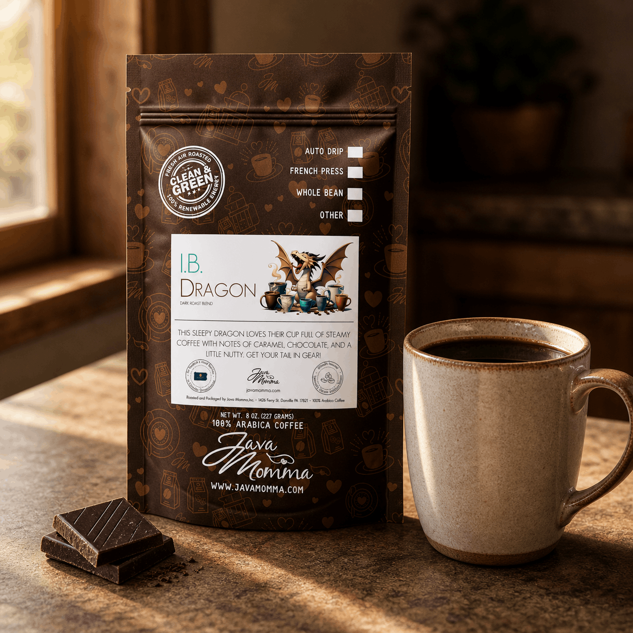 ターコイズとアバロンシェルを閉じ込めた　太陽のリング　コーヒーブラウン I.B. Dragon Brazilian Dark Roast | Java Momma