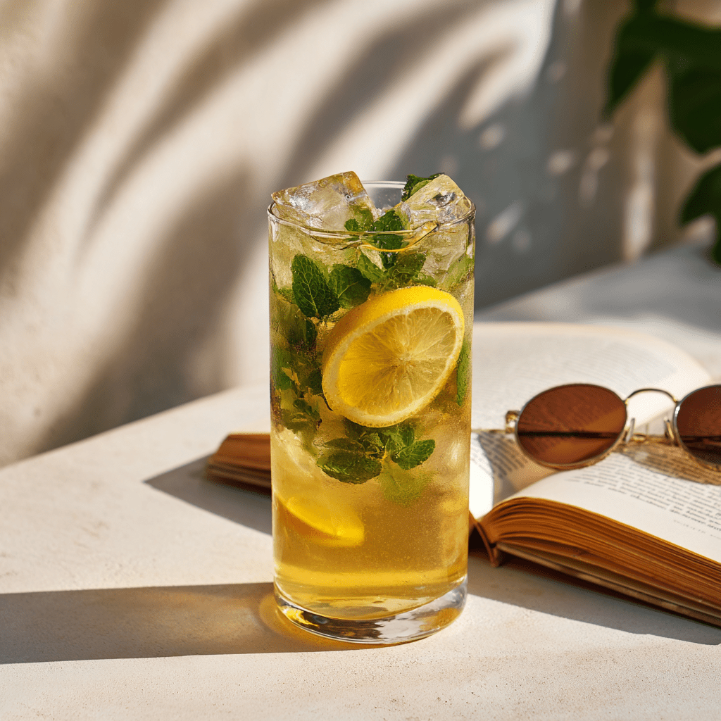 A cup of Moringa Leaf Tea🌿—pure, tangy & herbaceous—adorned with lemon slices and mint rests on a sunlit table beside an open book and round sunglasses, offering a refreshing antioxidant boost.