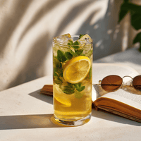 Thumbnail for A cup of Moringa Leaf Tea🌿—pure, tangy & herbaceous—adorned with lemon slices and mint rests on a sunlit table beside an open book and round sunglasses, offering a refreshing antioxidant boost.