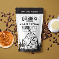 Thumbnail for Coffee + Cream Pretzel Bites – Sweet, Salty, and Seriously Addictive ☕✨ sit among coffee beans, a latte, and cream on a light brown background—ideal for anyone craving small batch snacks.