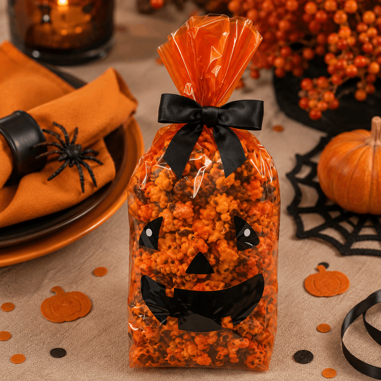 A clear cellophane bag filled with orange and black popcorn, tied with a black ribbon and decorated with a jack-o'-lantern face, set on a Halloween-themed table with pumpkins, spiderwebs, and candles.