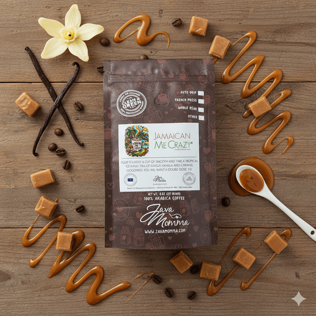 Jamaican Me Crazy coffee package on a wooden surface with caramel and vanilla beans.