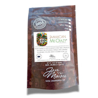 Thumbnail for A brown bag of 🌴 Jamaican Me Crazy® Coffee – Tropical Escape in a Cup, featuring a colorful cup illustration. The label highlights medium roast 100% Arabica beans with caramel and vanilla flavors, plus brewing method icons.