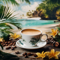Thumbnail for A palm tree-patterned cup of 🌴 Jamaican Me Crazy® Coffee – Tropical Escape in a Cup sits on a wooden surface with coffee beans and yellow flowers, set against a beach backdrop for the ultimate tropical flavor experience.