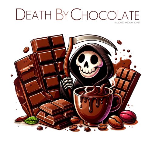 Java Momma Death by Chocolate coffee blend artwork – Grim Reaper holding a steaming mug surrounded by chocolate bars, flavored medium roast.