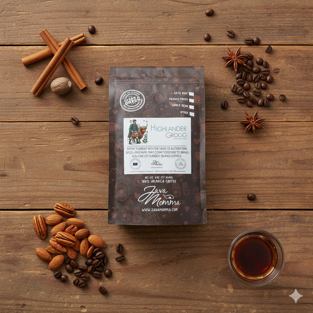Overhead flat lay of Java Momma Highlander Grogg coffee bag on a rustic wood table, styled with cinnamon sticks, nutmeg, star anise, roasted nuts, coffee beans, and a glass of rum — highlighting buttery rum, warm spice, and nutty flavor notes.