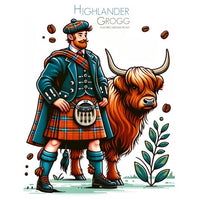 Thumbnail for Illustration of a man in Scottish Highland attire with a Highland cow, surrounded by coffee beans and leaves. Text above: Highlander Grogg – Medium Roast Flavored Coffee (Whole Bean & Ground), made with 100% Arabica beans.