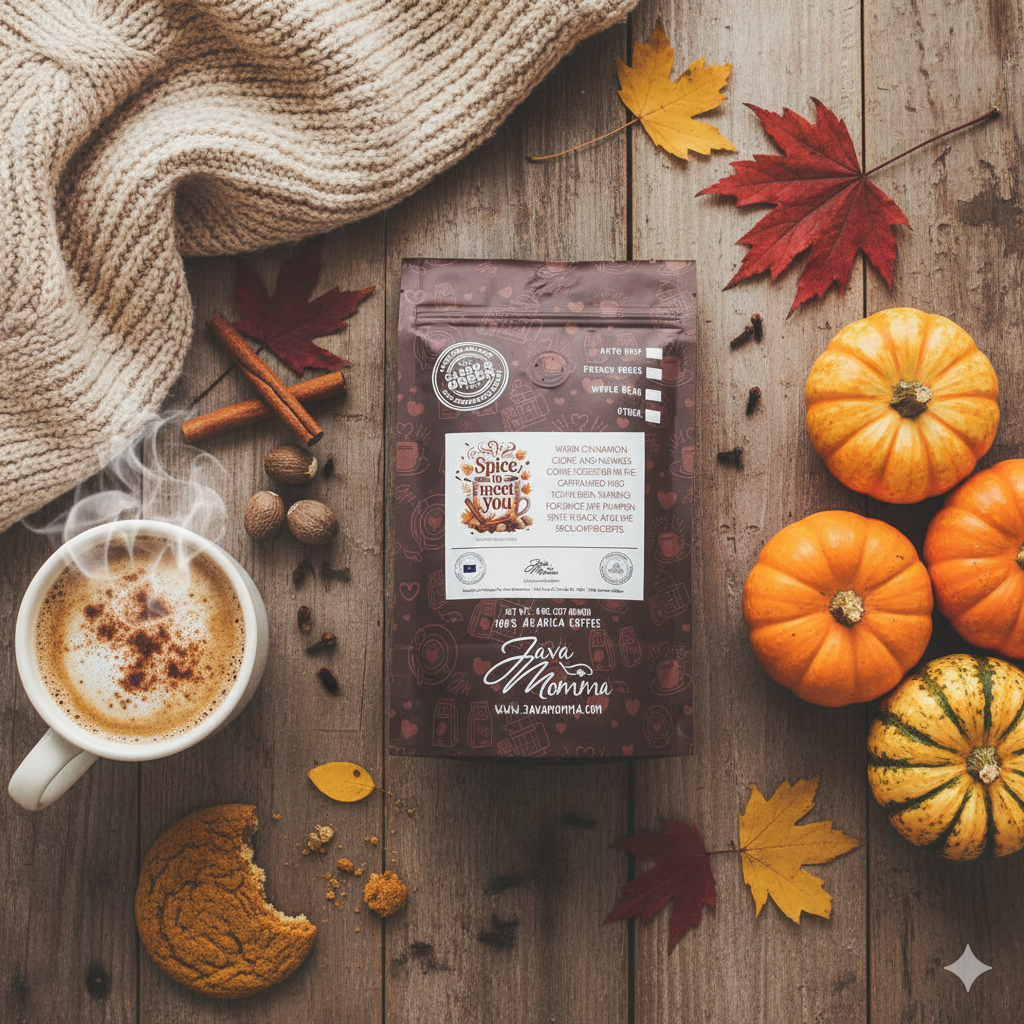 Flat lay of Spice to Meet You Pumpkin Spice Coffee bag with steaming mug, pumpkins, cookie, spices, and cozy fall sweater.